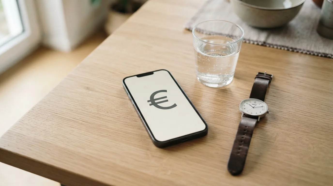 Ein Smartphone liegt mit dem Display nach unten auf einem Küchentisch, daneben stehen ein Glas Wasser und eine Armbanduhr.