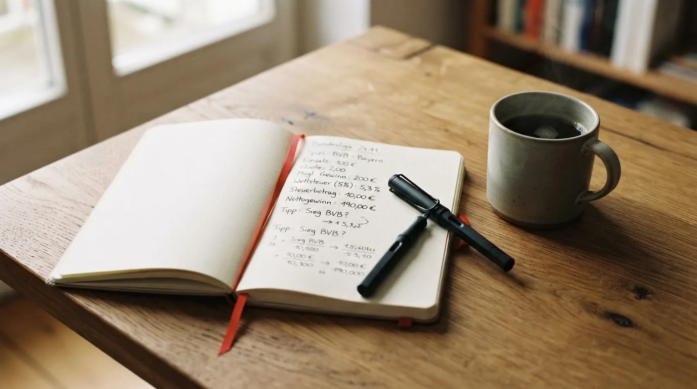Ein Notizbuch mit handschriftlichen Rechnungen und ein Taschenrechner liegen auf einem Schreibtisch neben einer Tasse Kaffee im Licht des frühen Morgens.