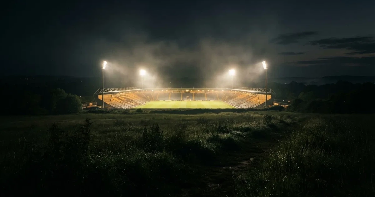 Ein Stadion unter Flutlicht, aus großer Entfernung über eine dunkle Wiese fotografiert, am Himmel zieht Nebel auf.