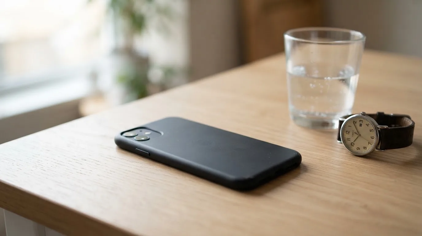 Ein Smartphone liegt mit dem Display nach unten auf einem Küchentisch, daneben stehen ein Glas Wasser und eine Armbanduhr.
