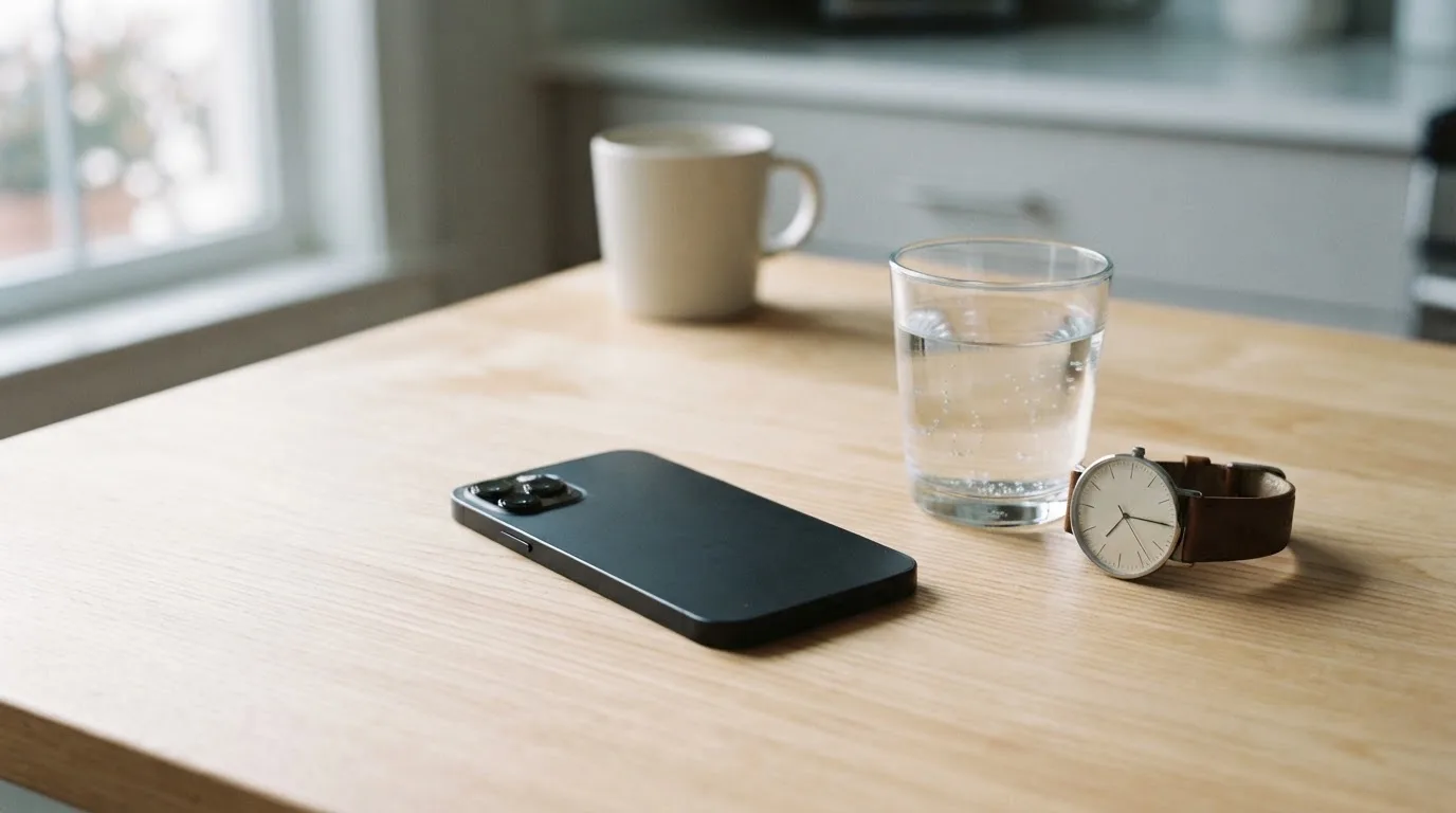 Ein Smartphone liegt mit dem Display nach unten auf einem Küchentisch, daneben stehen ein Glas Wasser und eine Armbanduhr.