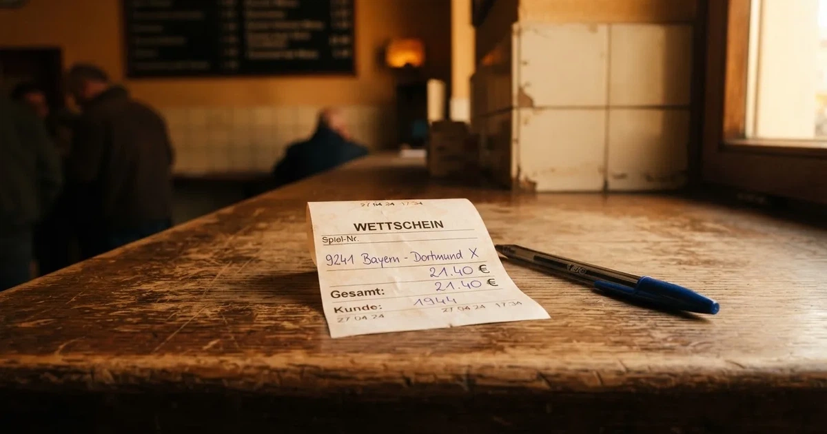 Ein leerer Wettschein aus Papier liegt neben einem Stift auf einer hölzernen Theke, weiches Licht fällt von der Seite ein.
