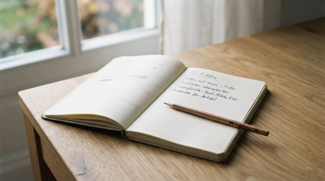 Ein Notizbuch mit handschriftlichen Notizen und ein Bleistift liegen auf einem Schreibtisch am Fenster, draußen fällt Morgenlicht herein.