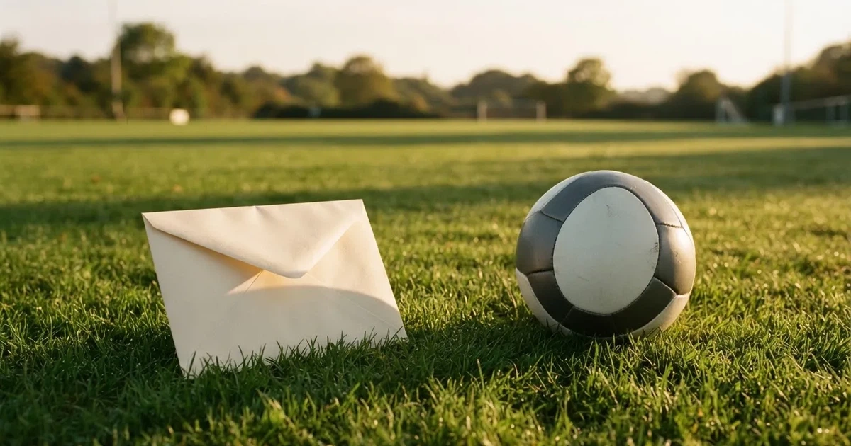 Ein verschlossener leerer Briefumschlag liegt neben einem Fußball auf grünem Rasen im warmen Licht des Nachmittags.