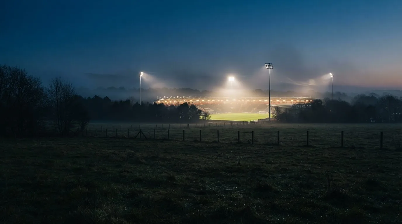Ein Stadion unter Flutlicht, aus großer Entfernung über eine dunkle Wiese fotografiert, am Himmel zieht Nebel auf.