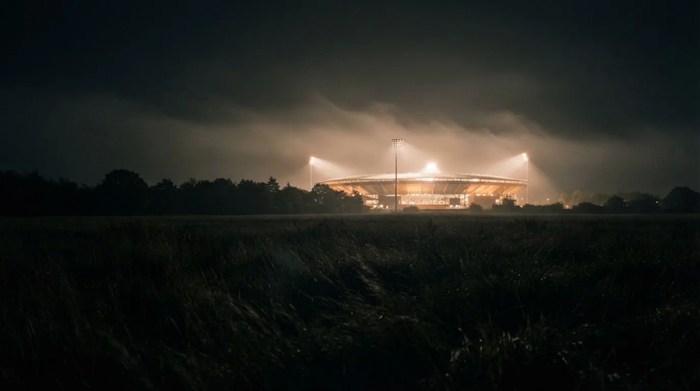 Ein Stadion unter Flutlicht, aus großer Entfernung über eine dunkle Wiese fotografiert, am Himmel zieht Nebel auf.