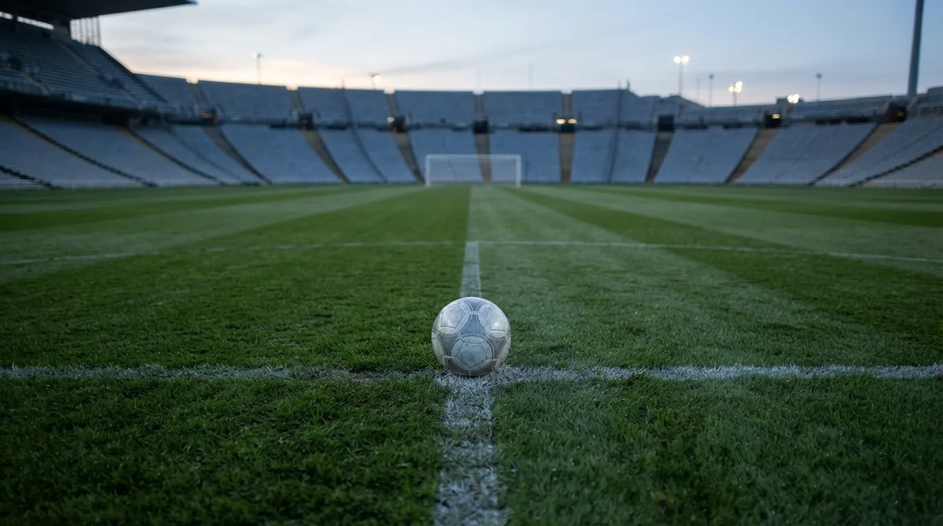 Ein Fußball liegt auf dem Anstoßpunkt eines leeren Rasenplatzes in der Morgendämmerung, im Hintergrund eine leere Tribüne.
