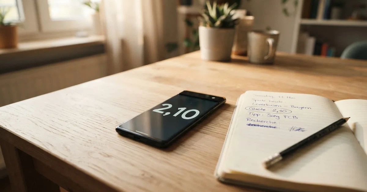 Mehrere Smartphones liegen mit dem Display nach unten neben einem Notizblock und einem Bleistift auf einem hellen Holztisch, seitliches Morgenlicht.