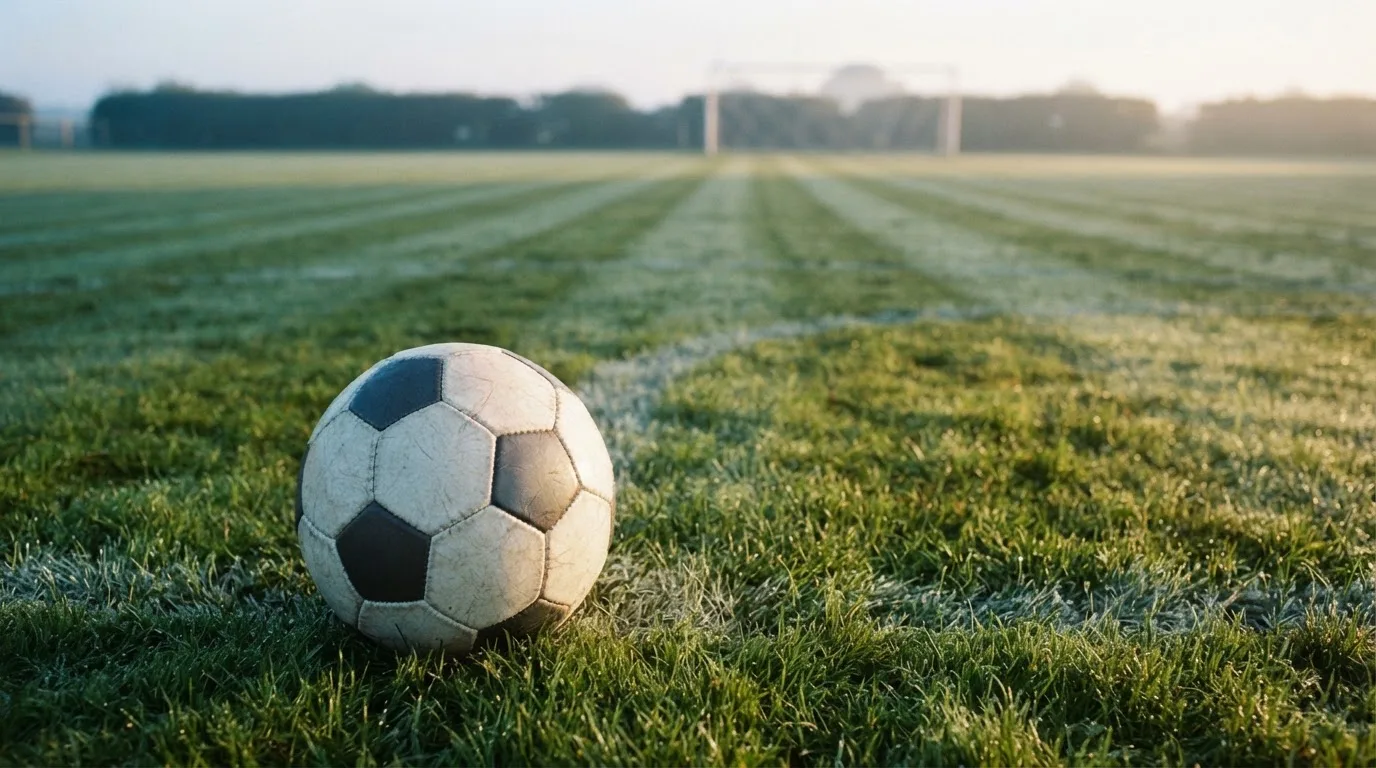 Ein Fußball ruht auf dem Mittelkreis eines leeren Rasenplatzes in der Morgendämmerung, Tau liegt auf dem Gras.