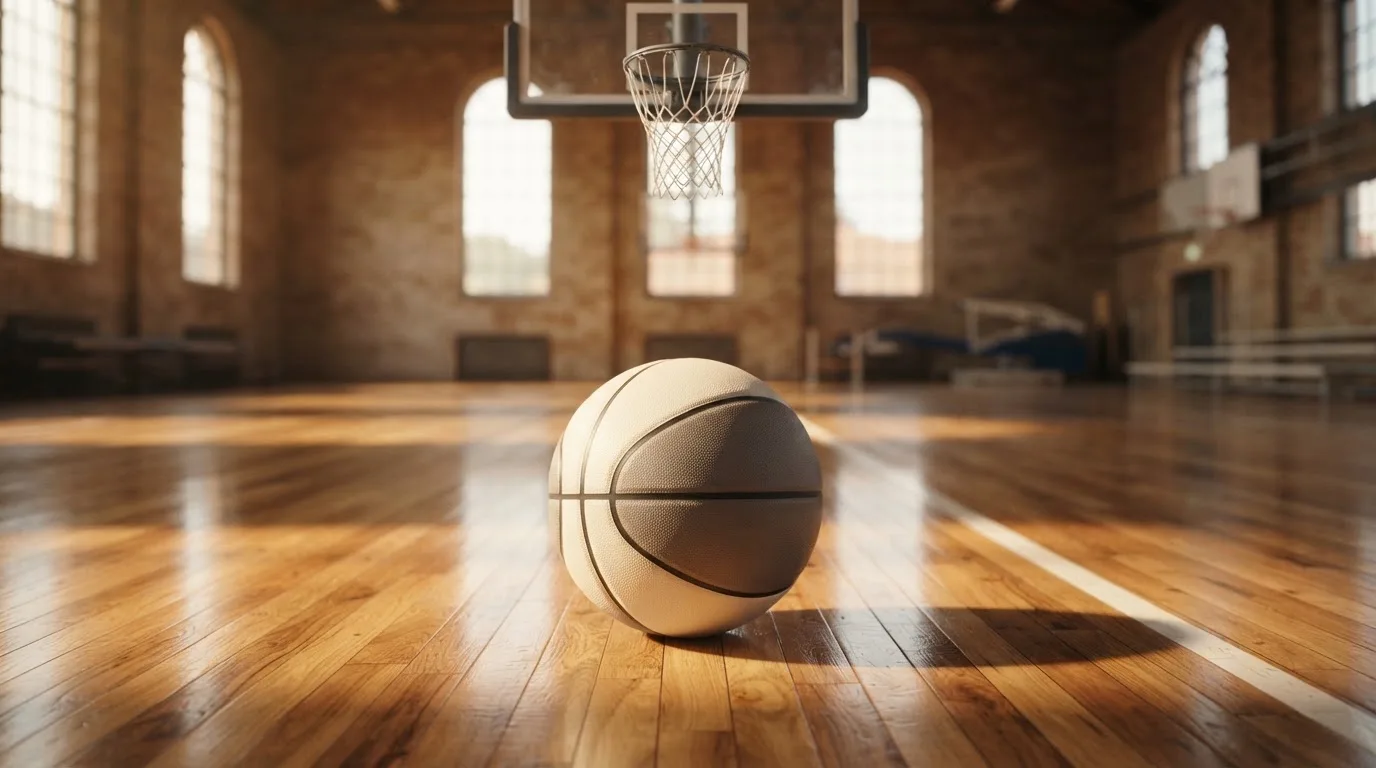 Ein Basketball liegt auf dem Hallenboden unter einem Korb, das Netz hängt ruhig, Morgenlicht fällt durch hohe Fenster.