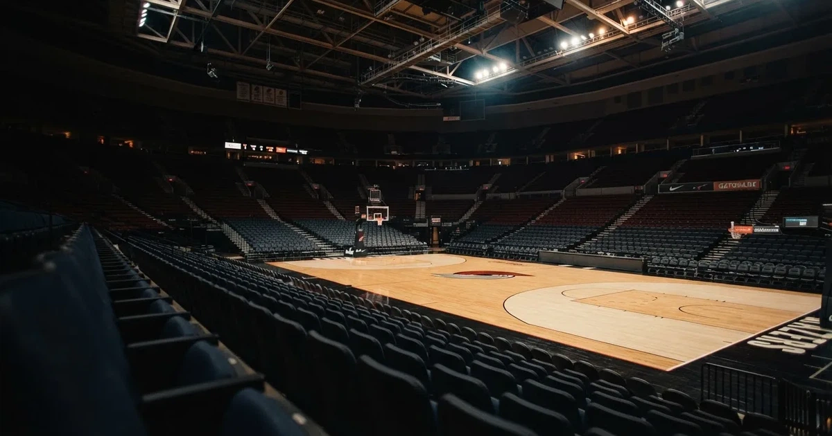 Eine leere Basketballhalle von einer oberen Tribünenreihe aus gesehen, Parkett und Körbe im Licht der Hallenstrahler.