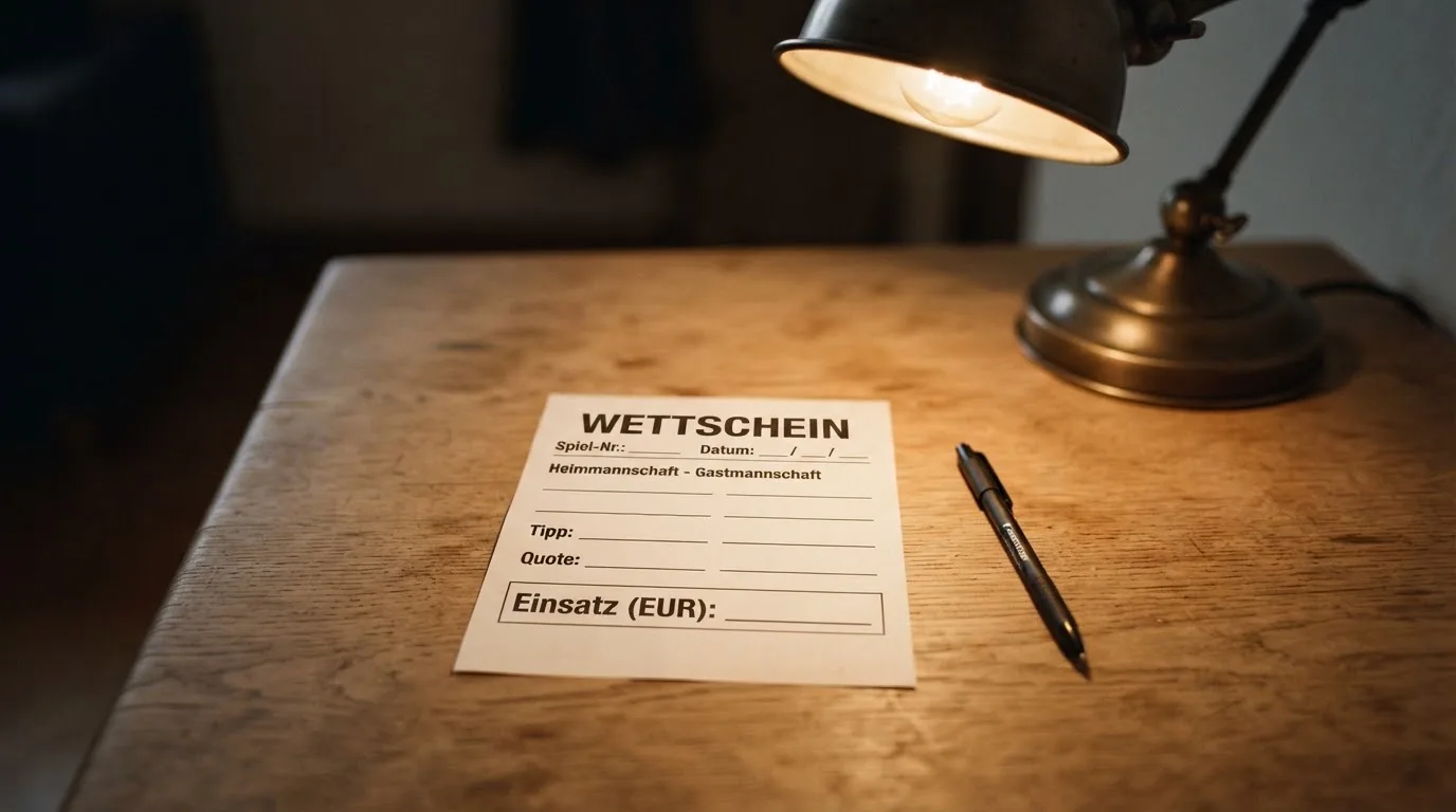 Ein leerer Wettschein aus Papier und ein Kugelschreiber liegen auf einer Tischplatte neben einer kleinen Tischlampe.
