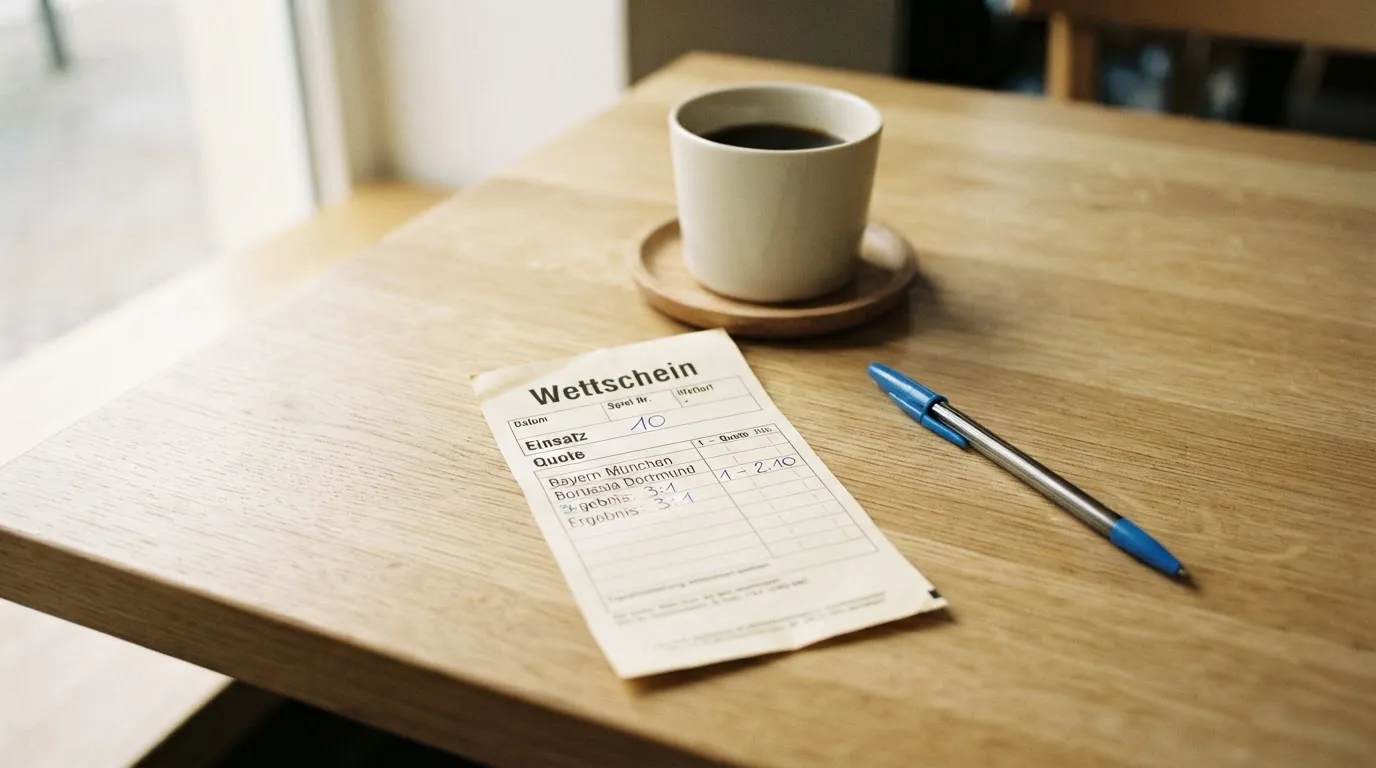 Ein leerer Wettschein aus Papier liegt neben einem Kugelschreiber und einer Tasse auf einem hellen Holztisch.