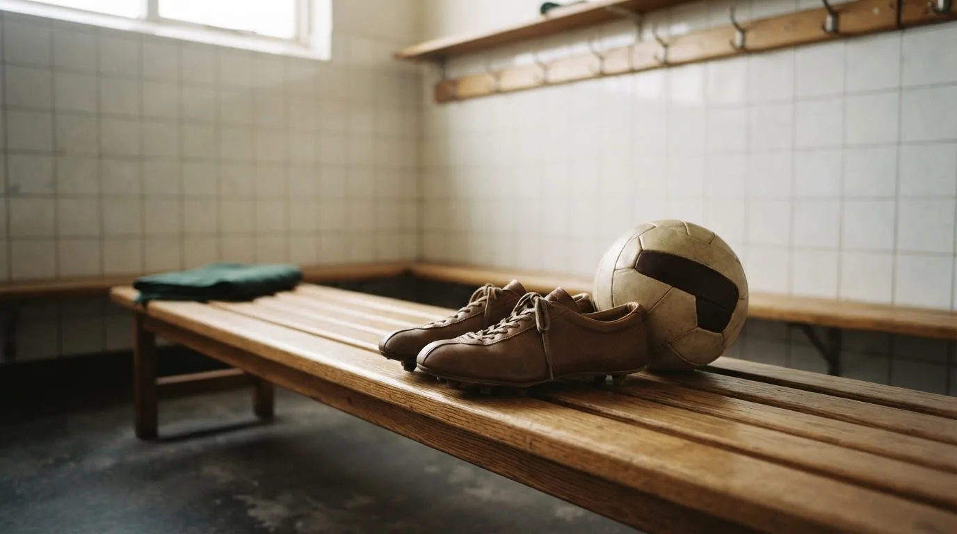Ein Fußball liegt neben einem Paar Fußballschuhen ohne Markenzeichen auf einer Holzbank in einer leeren Umkleide.