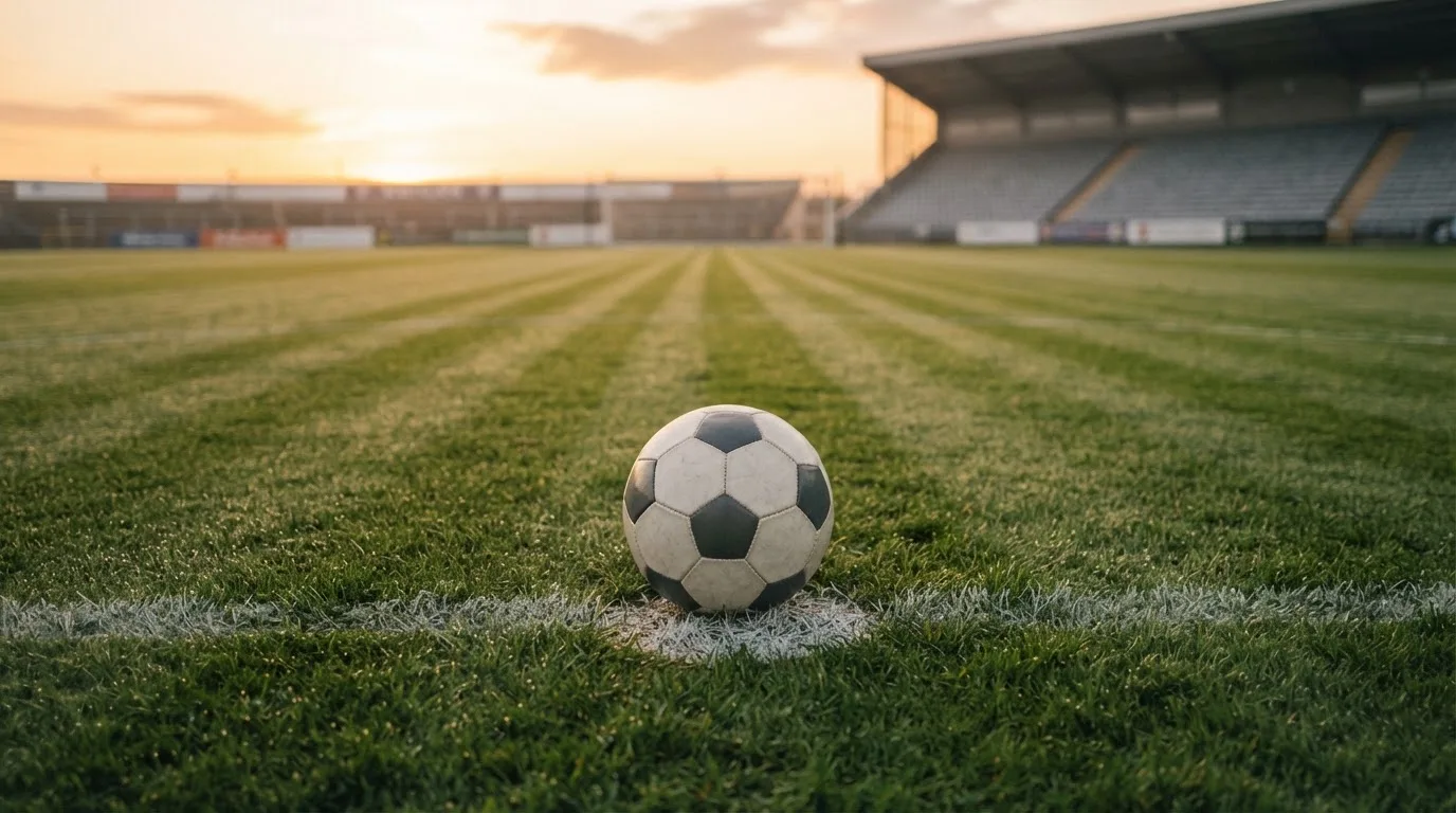 Ein Fußball liegt auf dem Anstoßpunkt eines leeren Rasenplatzes in der Morgendämmerung, im Hintergrund eine leere Tribüne.