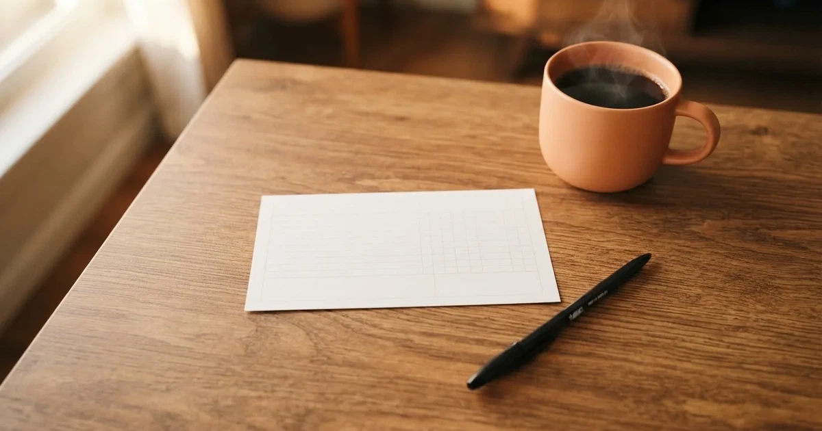 Ein leerer Wettschein aus Papier liegt neben einem Kugelschreiber und einer Tasse Kaffee auf einem Tisch, Aufnahme von oben.