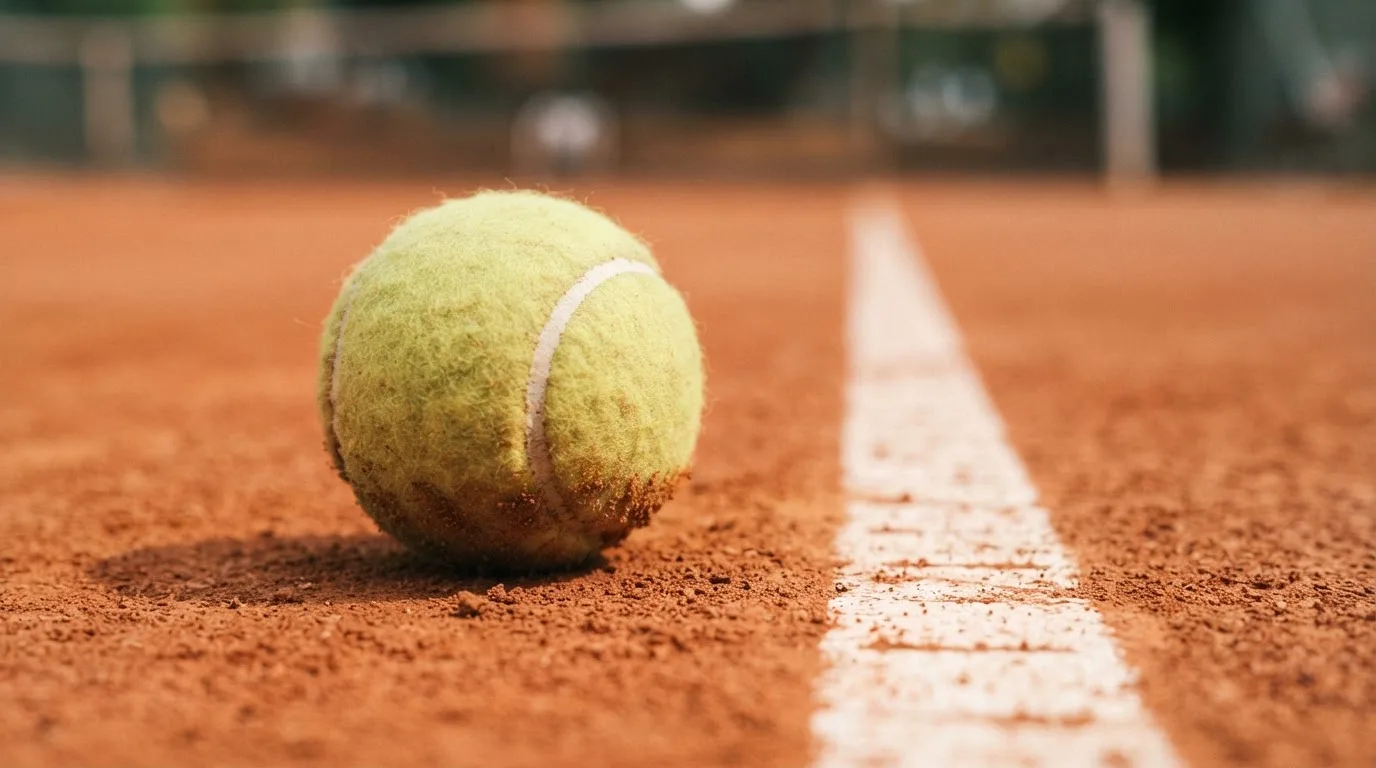 Ein einzelner Tennisball liegt auf rotem Sand neben einer weißen Linie, geringe Schärfentiefe.