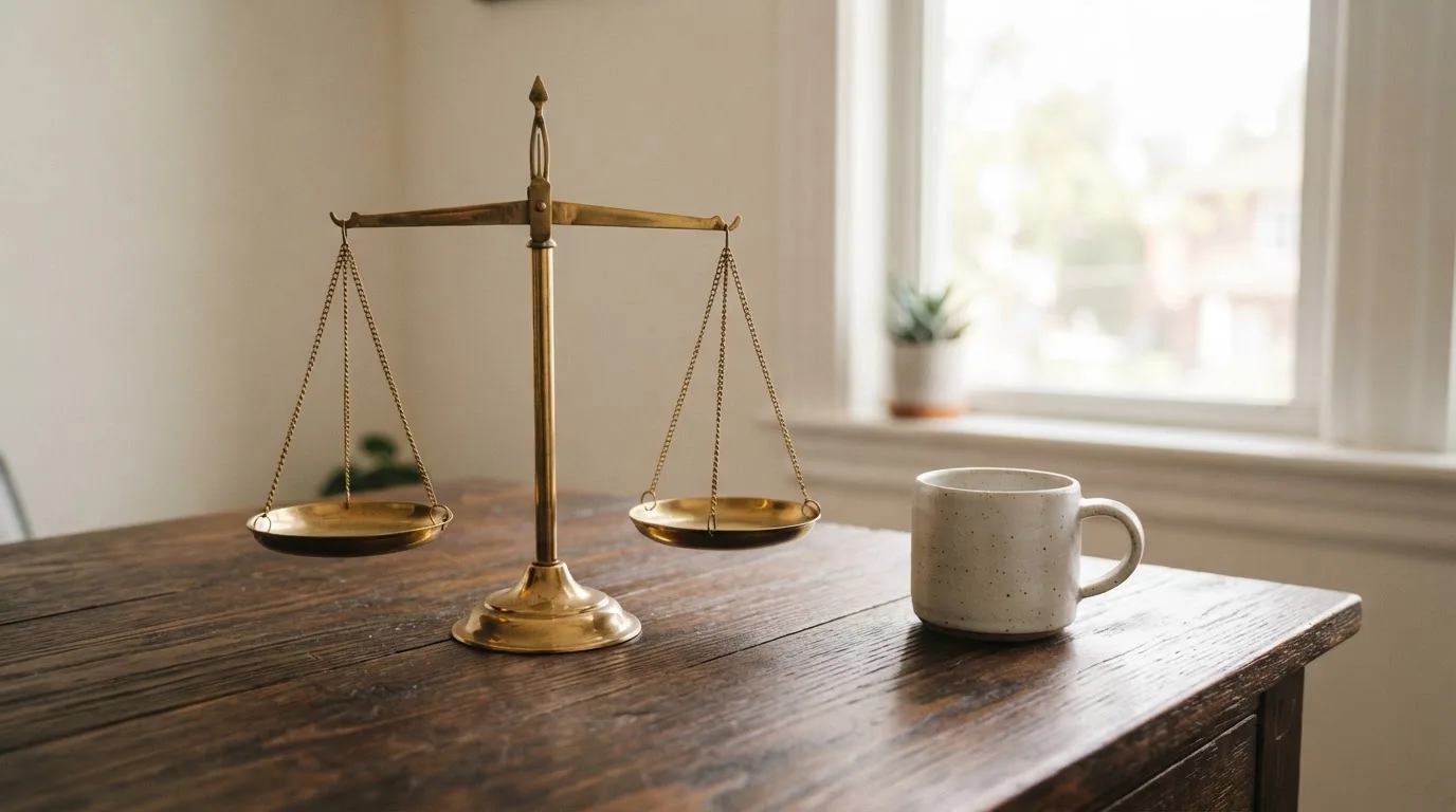 Eine Messingwaage steht auf einem Holzschreibtisch neben einer Kaffeetasse, im Hintergrund ein helles Fenster.