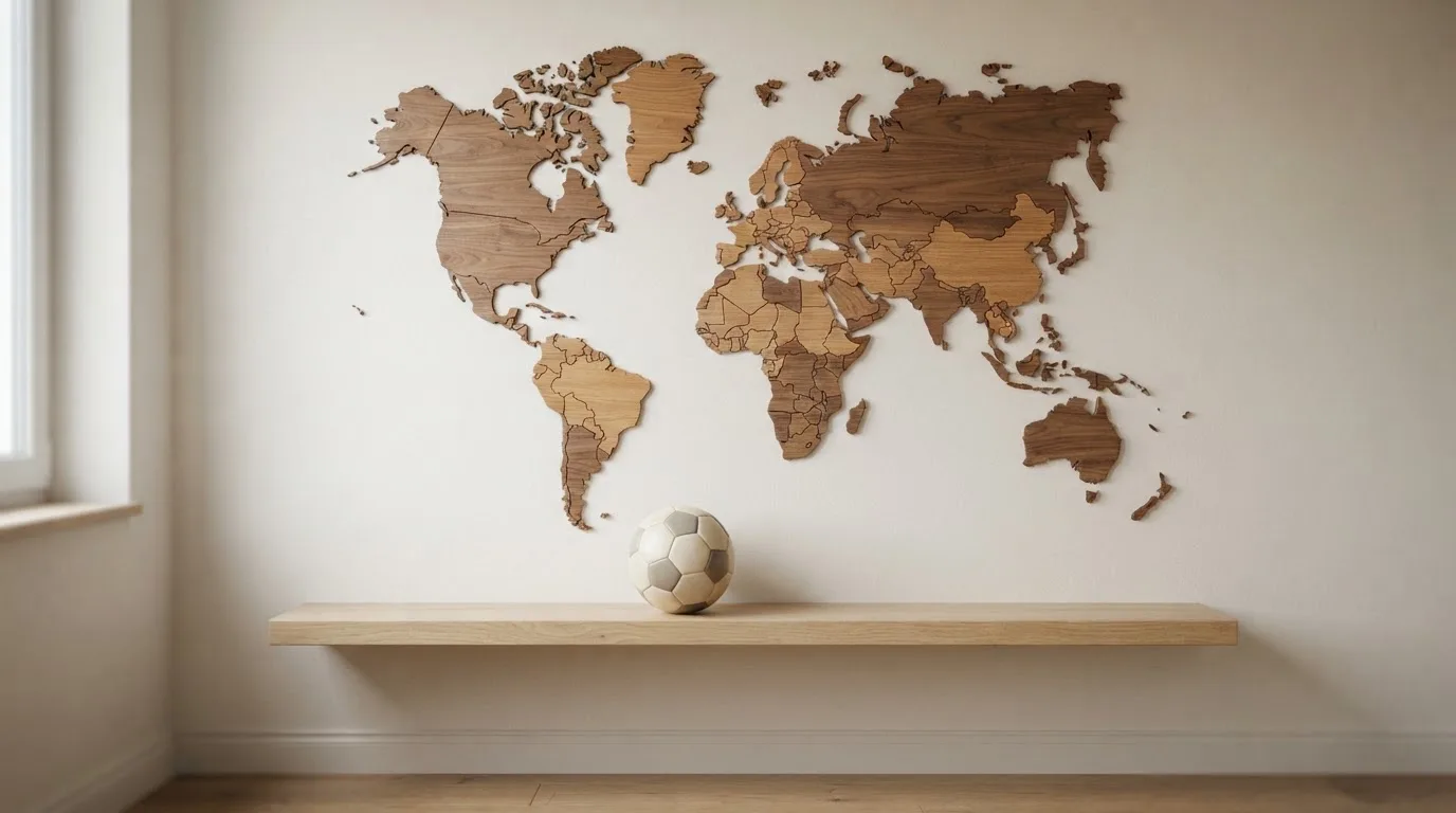 Eine Weltkarte aus Holz hängt an einer Wand, davor liegt ein Fußball auf einem Regal, ohne erkennbare Beschriftung.