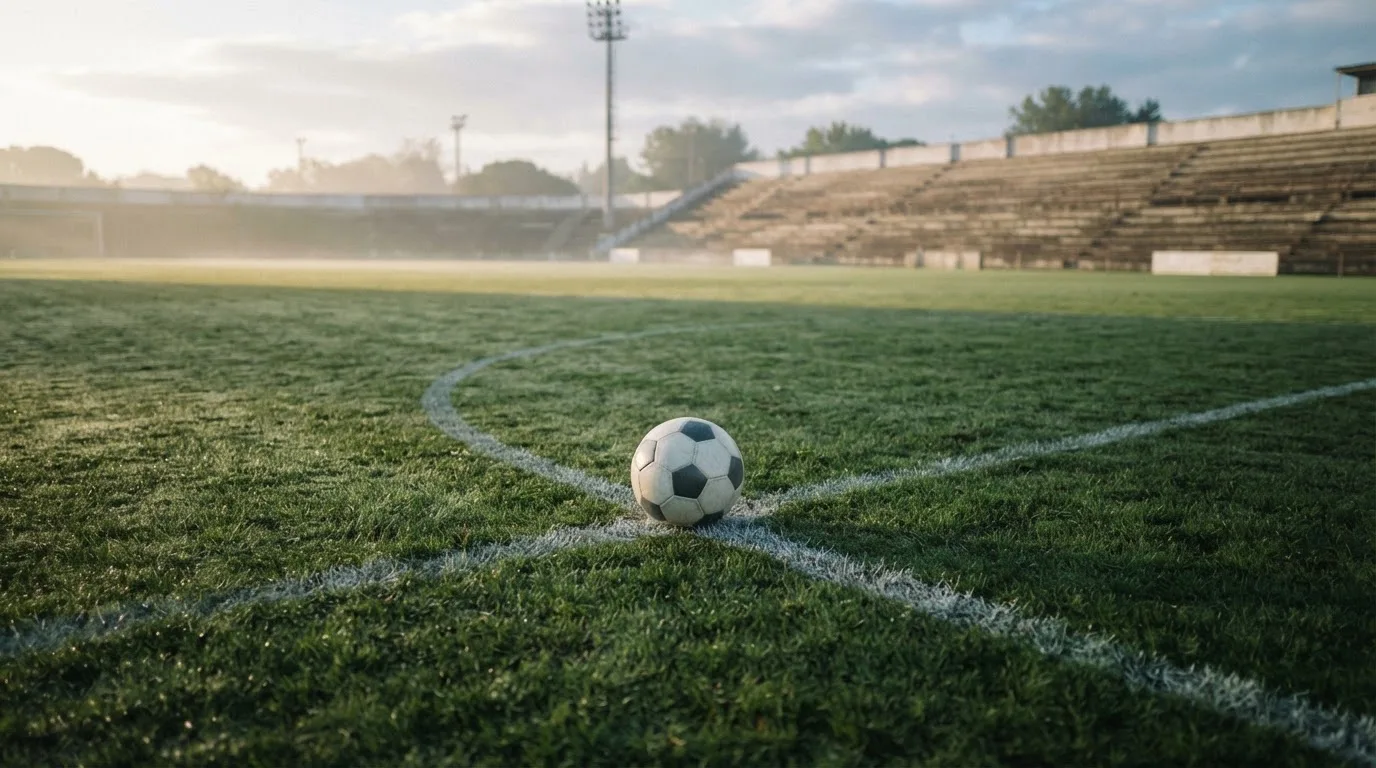 Ein Fußball liegt auf dem Anstoßpunkt eines leeren Rasenplatzes im frühen Morgenlicht, dahinter eine leere Tribüne.