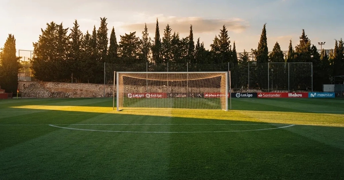 Ein Fußballtor mit Netz auf einem leeren Platz im Abendlicht, der Rasen frisch gemäht, im Hintergrund Zypressen.