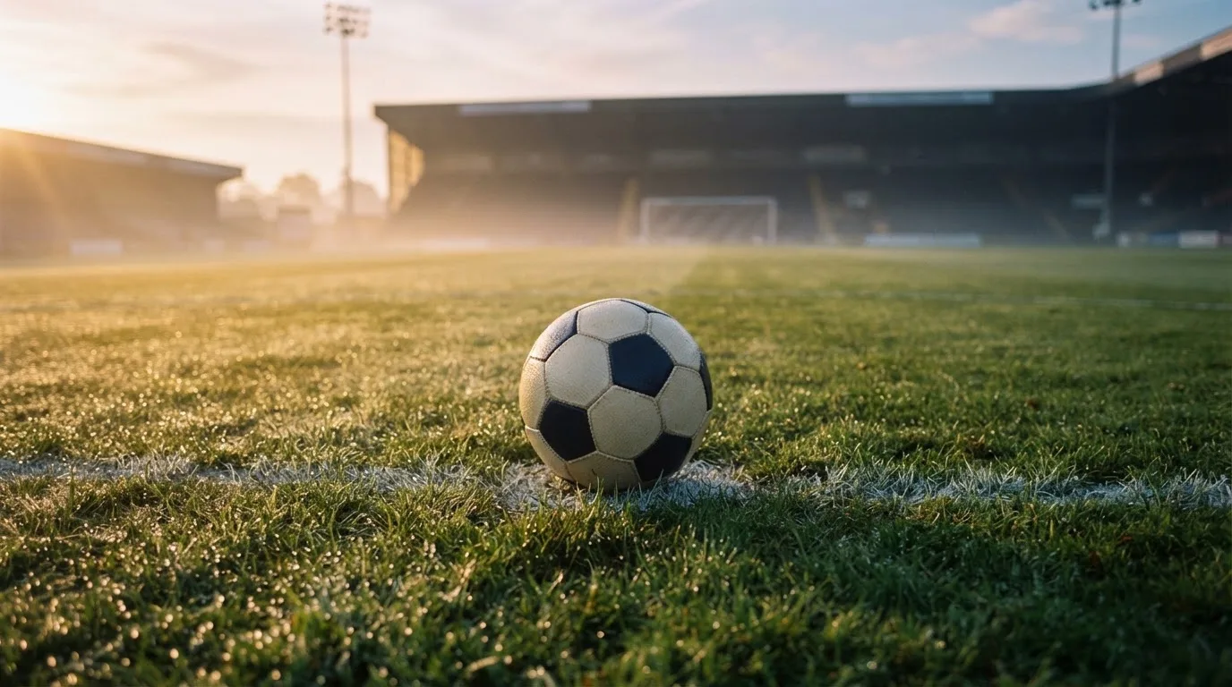 Ein Fußball ruht auf dem Mittelkreis eines leeren Rasenplatzes in der Morgendämmerung, Tau liegt auf dem Gras.