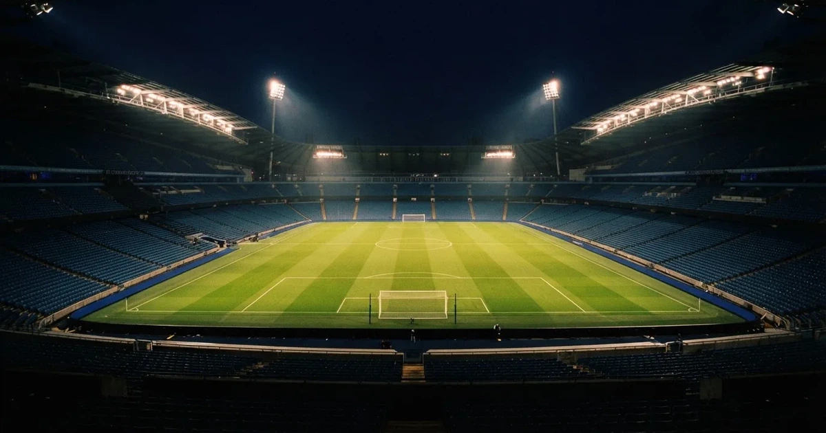 Ein Stadion bei Nacht unter Flutlicht aus der Ferne gesehen, der Rasen ist hell erleuchtet, keine erkennbaren Personen.