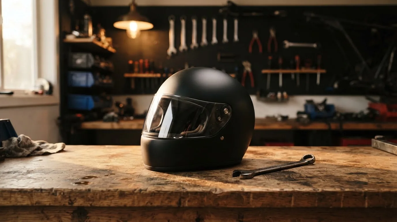 Ein schwarzer Motorradhelm ohne Aufdruck liegt auf einer Werkbank neben einem Schraubenschlüssel, warmes Licht einer Werkstatt.