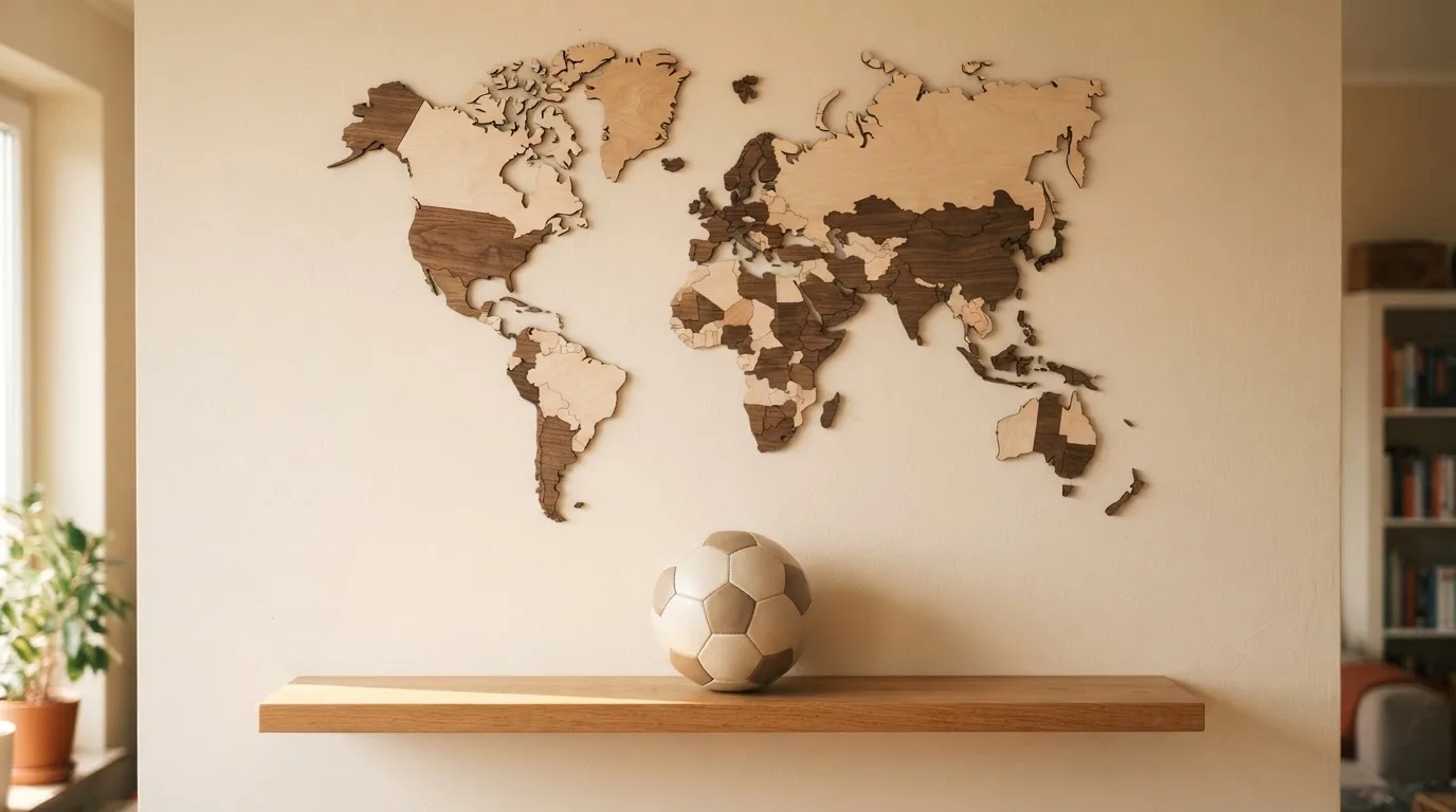 Eine Weltkarte aus Holz hängt an einer Wand, davor liegt ein Fußball auf einem Regal, ohne erkennbare Beschriftung.