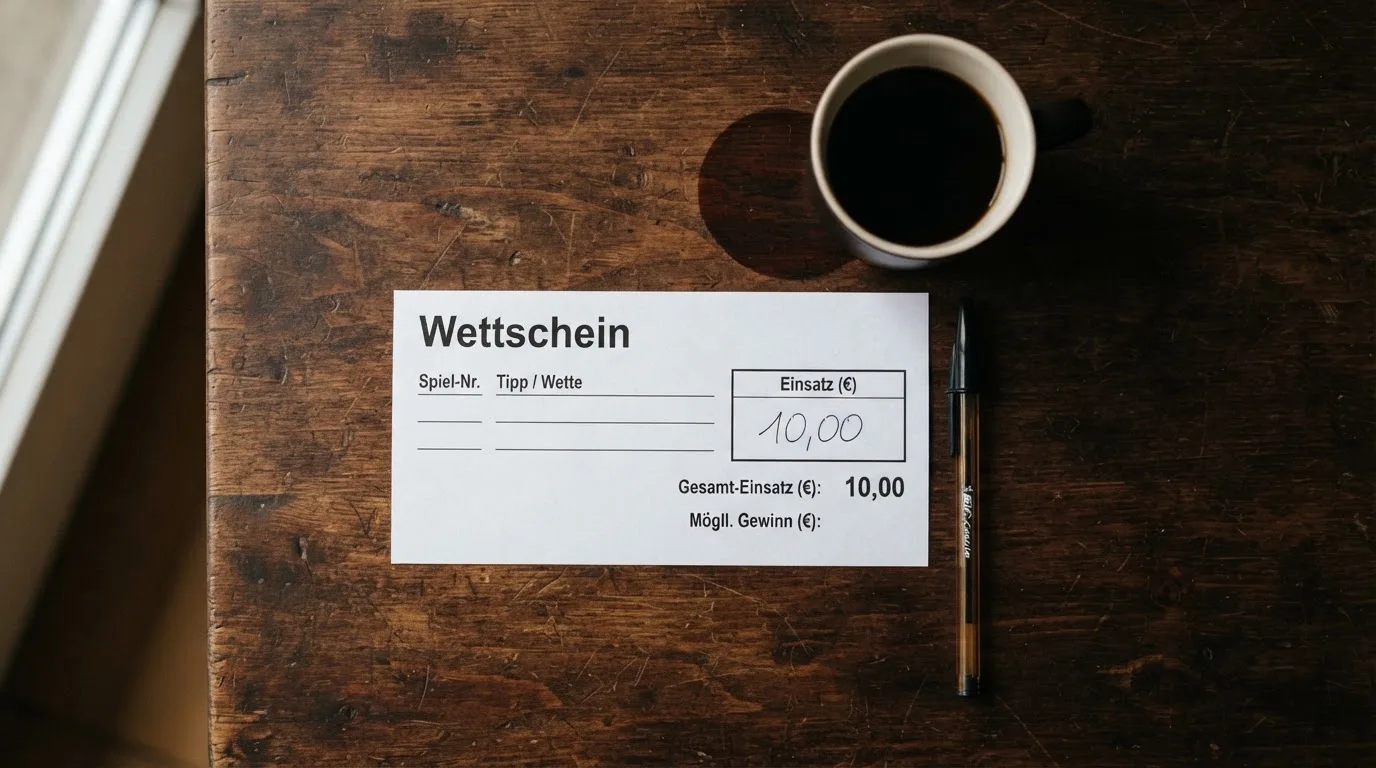 Ein leerer Wettschein aus Papier liegt neben einem Kugelschreiber und einer Tasse Kaffee auf einem Holztisch, Aufnahme von oben.
