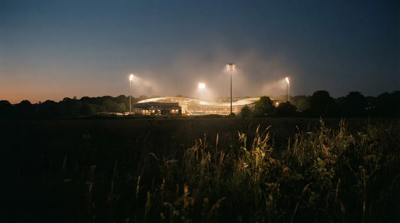 Ein großes Stadion unter Flutlicht, aus der Ferne über eine dunkle Wiese gesehen, die Lichtmasten spiegeln sich im Dunst der Abenddämmerung.