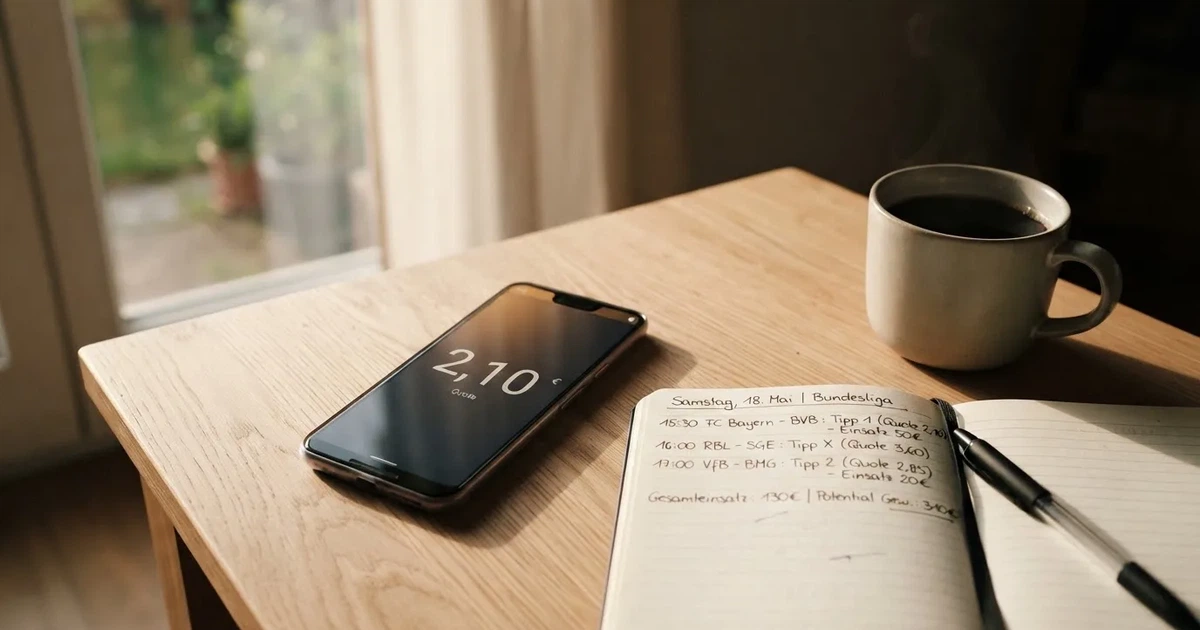 Ein Smartphone mit dunklem Display liegt neben einem Notizbuch mit handschriftlichen Notizen auf einem hellen Holztisch, daneben eine Tasse Kaffee im Morgenlicht.