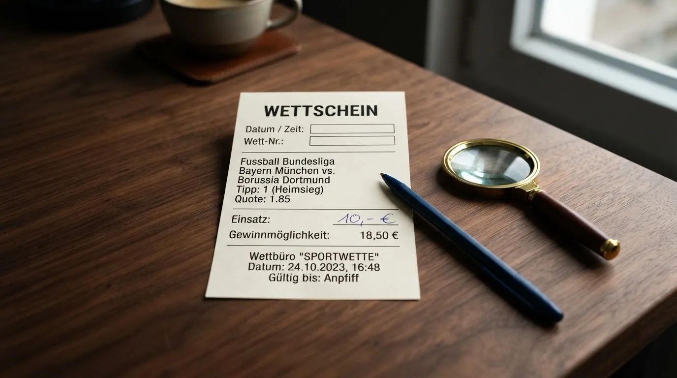 Ein leerer Papierwettschein und ein Kugelschreiber liegen auf einem aufgeräumten Schreibtisch neben einer Lupe, weiches Licht von einem Fenster.
