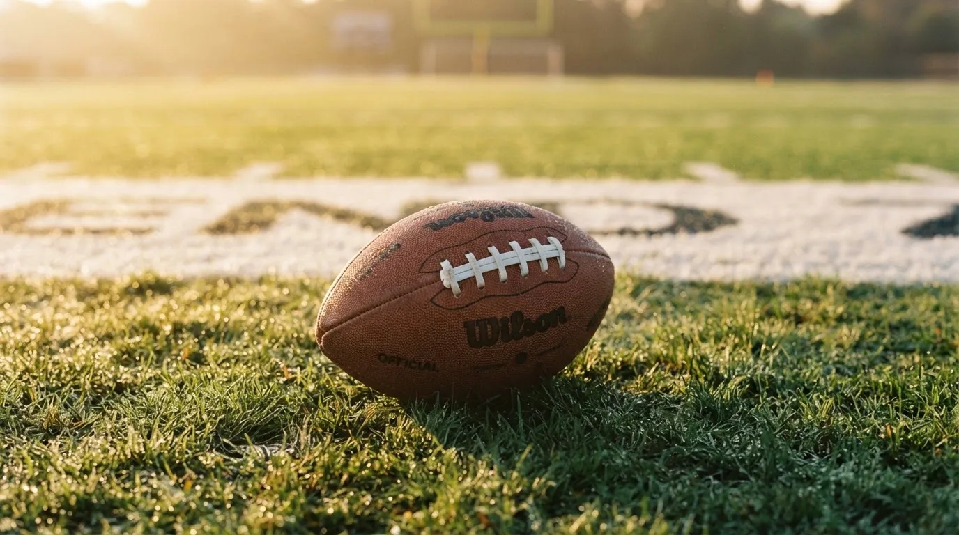 Ein ovaler Lederball mit heller Schnürung liegt auf dem Rasen vor der Endzone, Tau auf dem Gras im ersten Morgenlicht.