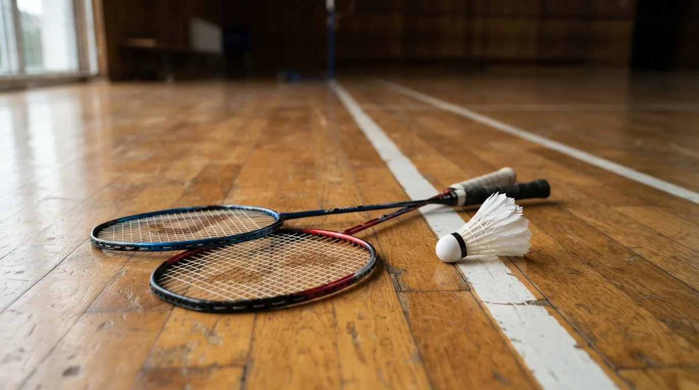 Zwei Badmintonschläger und ein Federball liegen auf einem Holzboden neben der Seitenlinie, weiches Licht fällt von der Seite ein.