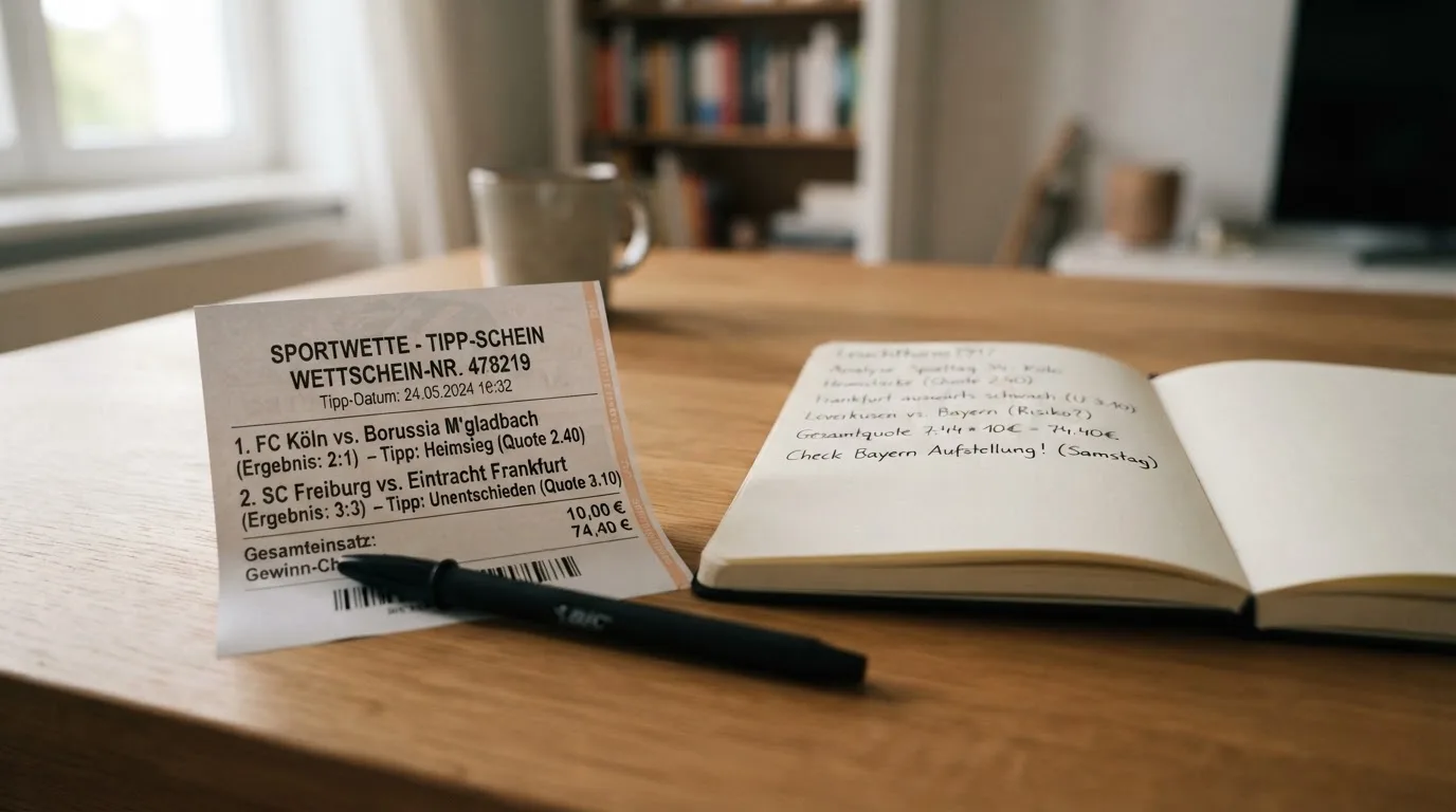 Ein leerer Papierwettschein und ein Kugelschreiber auf einer glatten Schreibtischplatte, daneben ein aufgeschlagenes Notizbuch mit handschriftlichen Notizen.