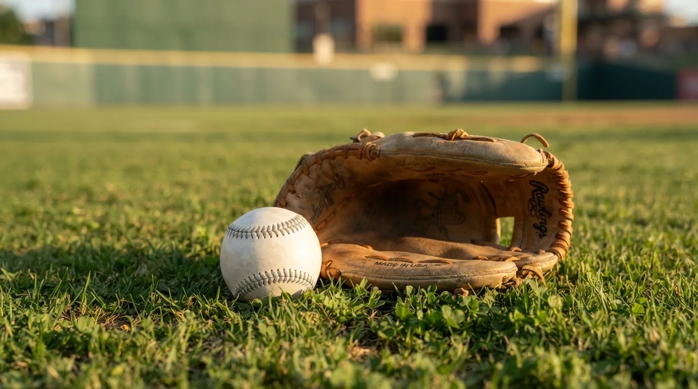 Ein weißer Baseball und ein Lederhandschuh liegen auf kurz geschnittenem Gras, im Hintergrund eine verschwommene Spielfeldbande.