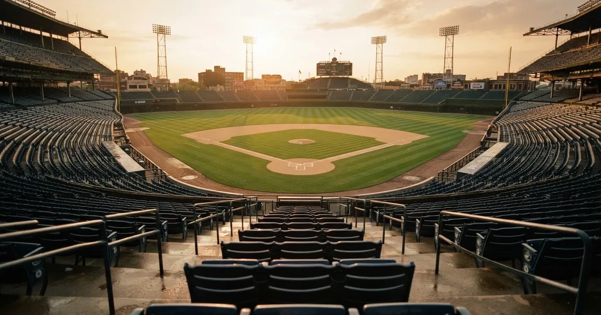 Ein Baseballfeld mit dem hellbraunen Infield und gepflegtem Rasen, von der Tribüne aus gesehen, die Ränge leer, tiefe Abendsonne.
