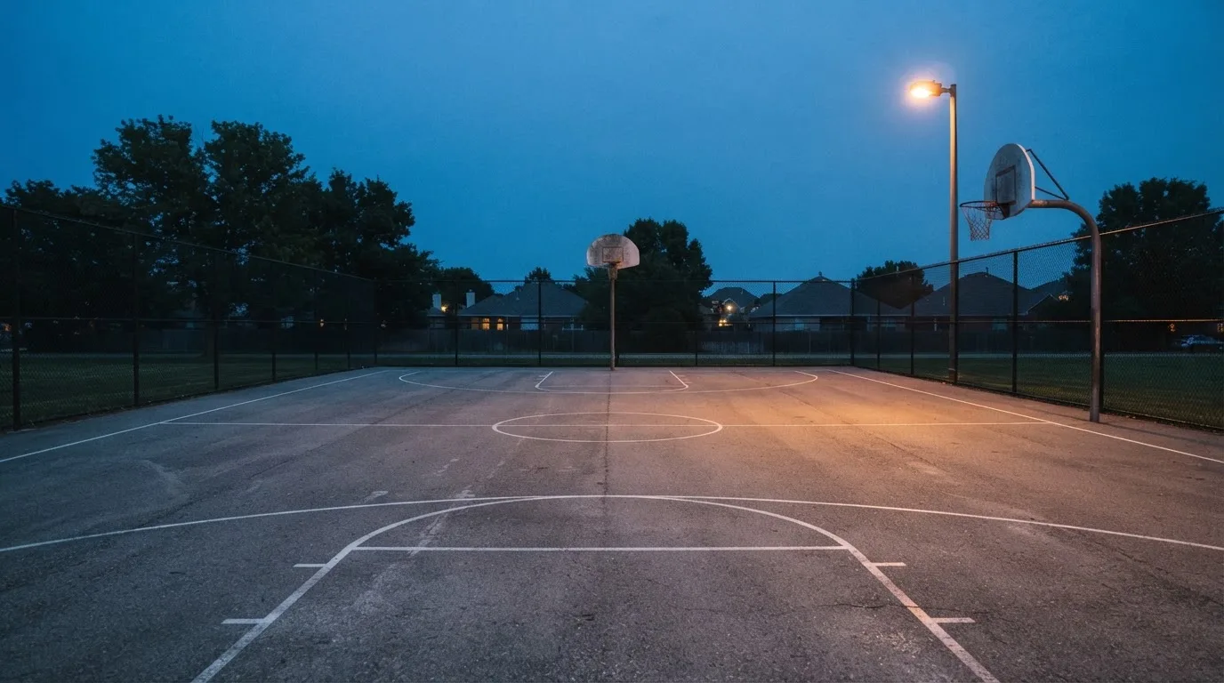Ein Freiluft-Basketballplatz am Abend mit Asphalt, Linien und zwei Körben unter einer Straßenlaterne.