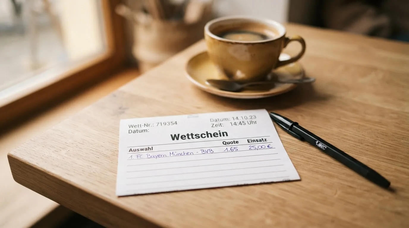 Ein leerer Wettschein aus Papier liegt neben einem Kugelschreiber und einer Tasse auf einem hellen Holztisch.