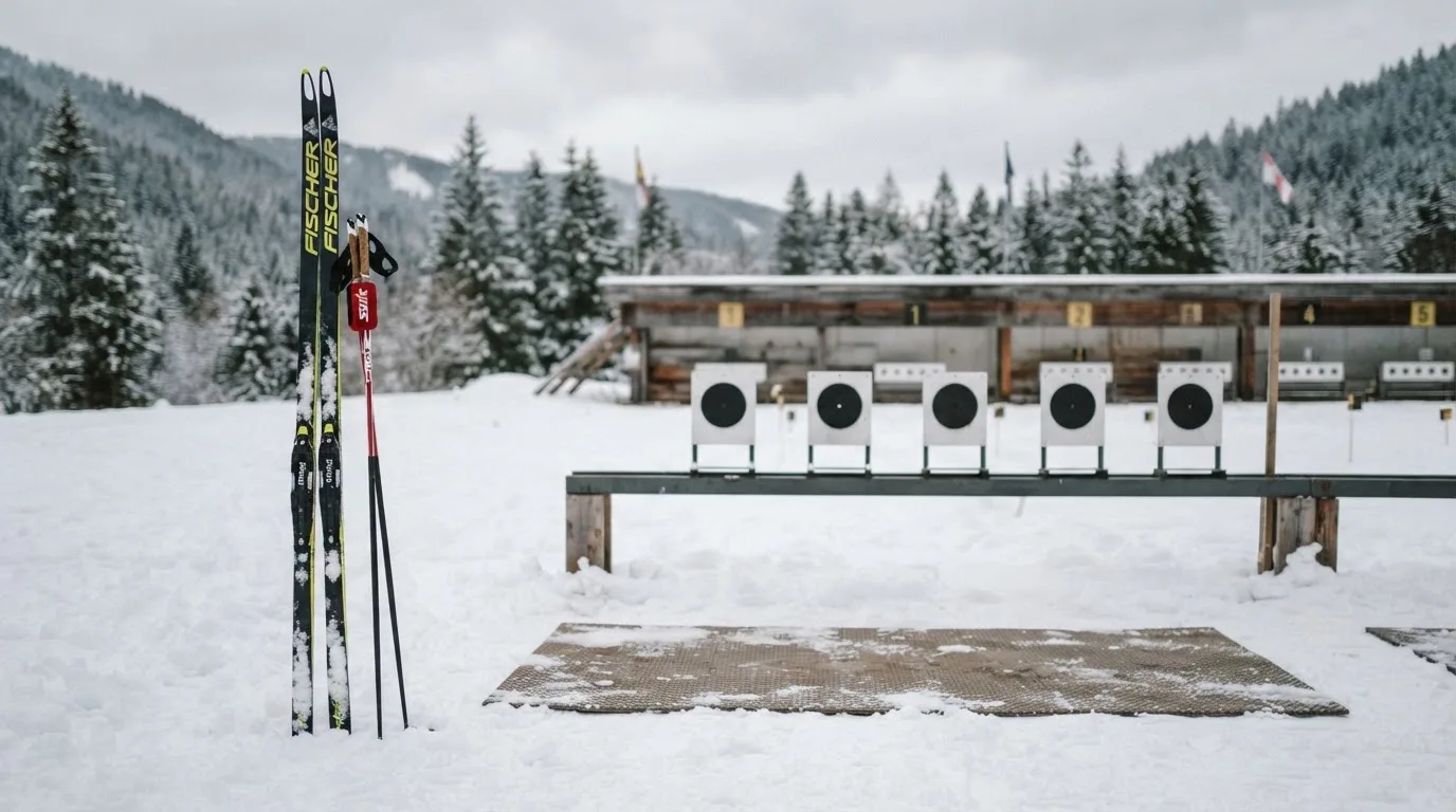 Ein Paar Langlaufskier steckt aufrecht im Schnee neben einem leeren Schießstand mit runden Zielscheiben, kaltes Winterlicht.