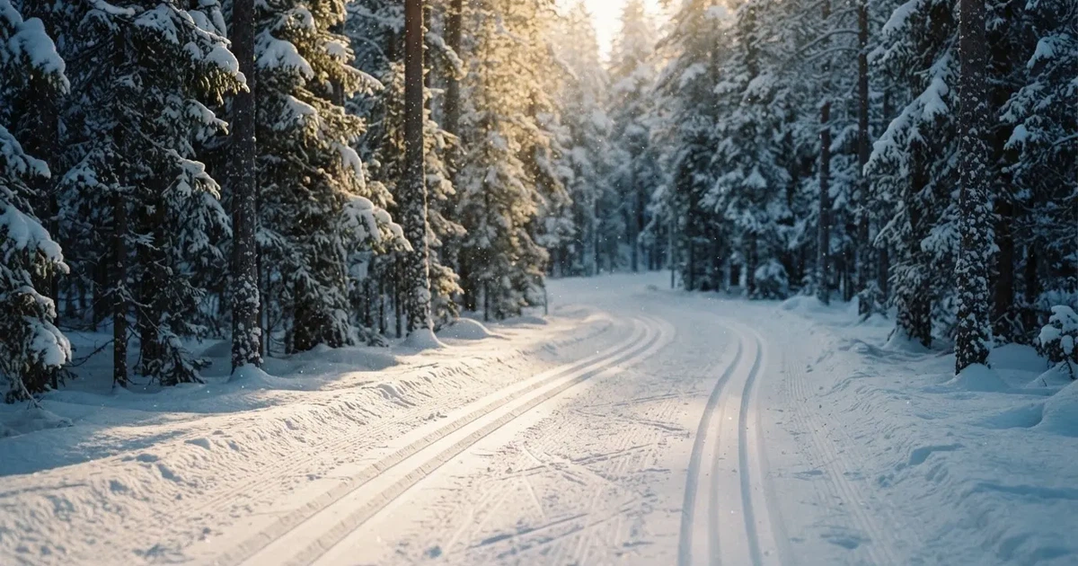 Eine verschneite Loipe zwischen Fichten im Morgenlicht, frische Spuren im Schnee, kein Mensch zu sehen.