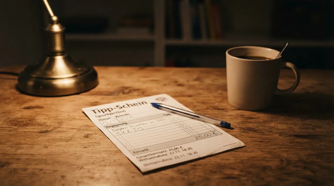 Ein leerer Papierwettschein und ein Kugelschreiber liegen auf einem Holztisch neben einer Tasse, warmes Licht einer Lampe.