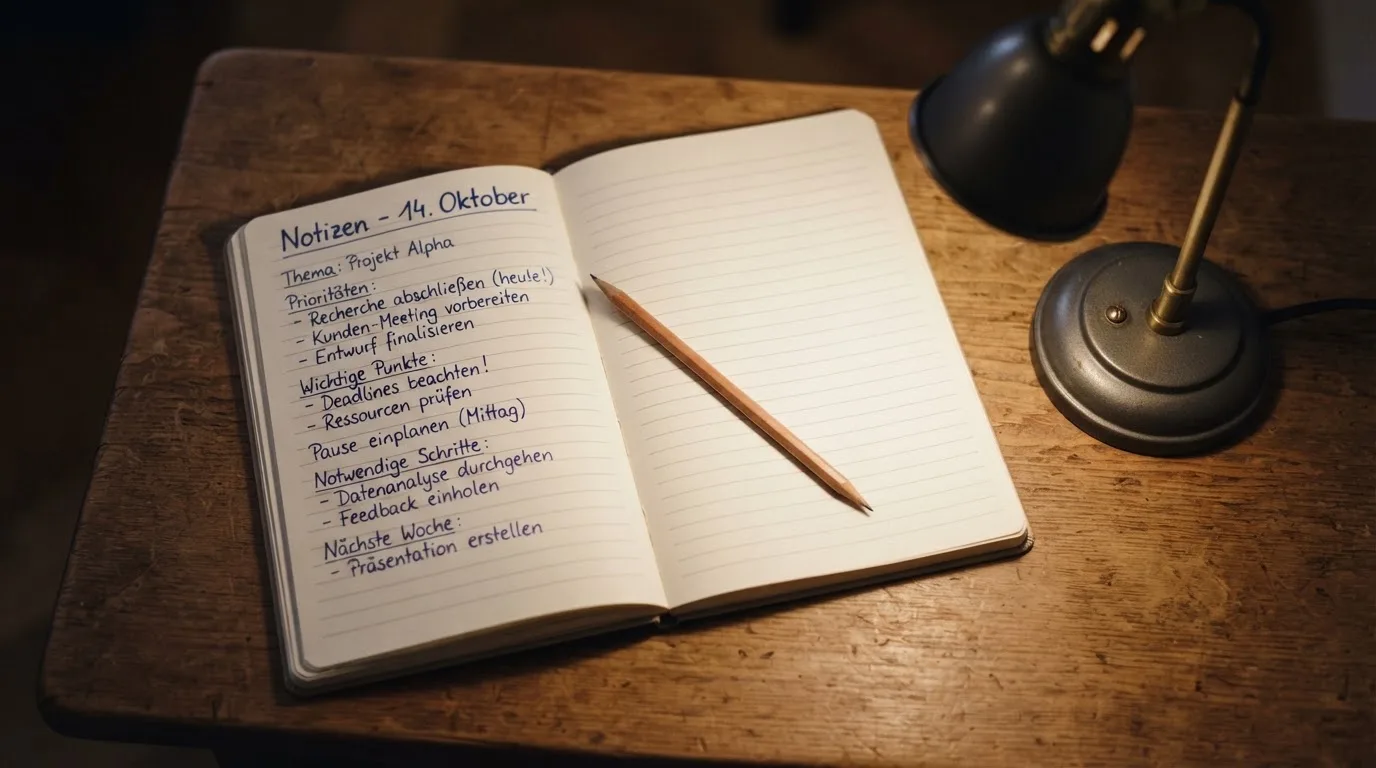 Ein Notizbuch mit handschriftlichen Notizen und ein Bleistift liegen neben einer Tischlampe auf einem Schreibtisch, ruhiges Abendlicht.