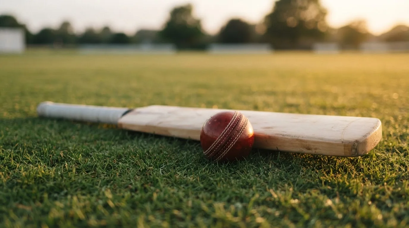 Ein Cricketschläger aus hellem Holz und ein roter Lederball liegen auf kurzem Rasen, weiches Abendlicht.