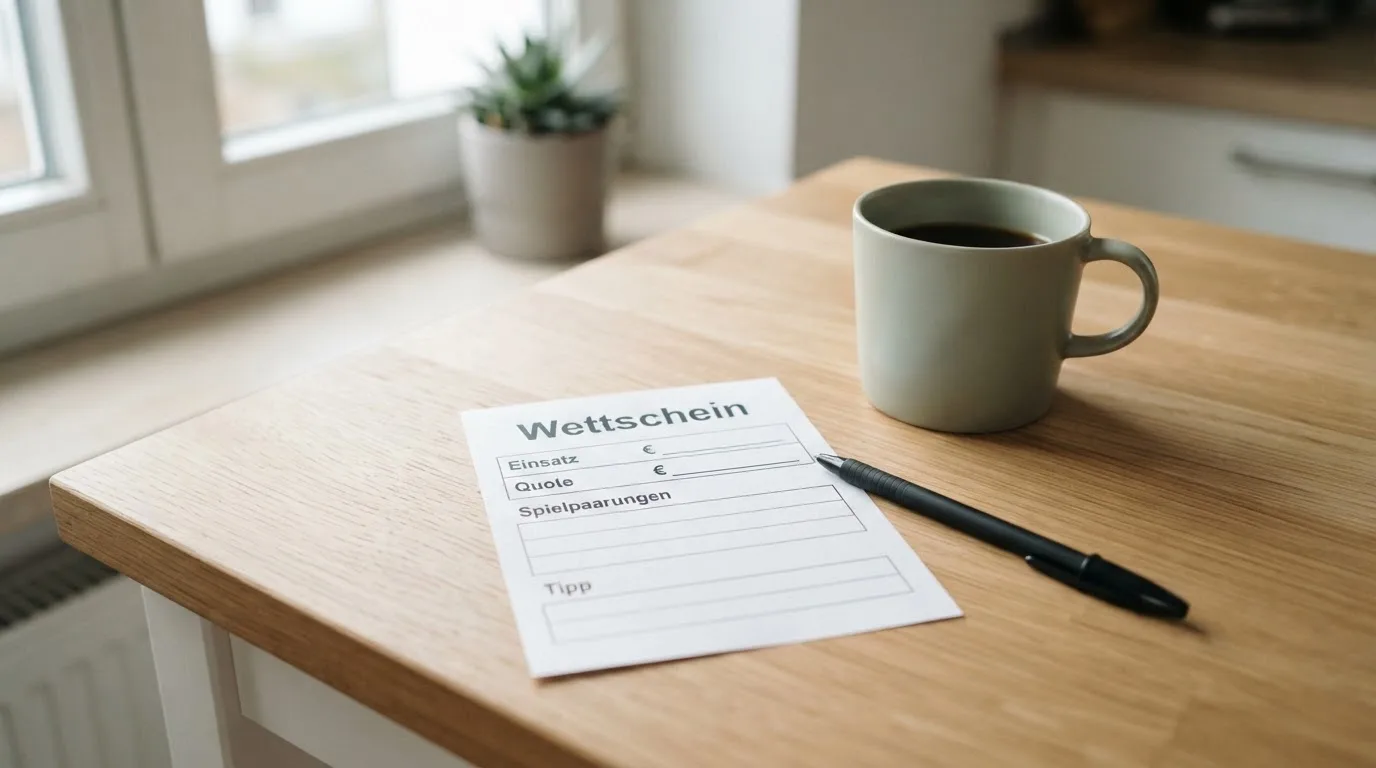 Ein leerer Wettschein aus Papier liegt neben einem Kugelschreiber und einer Tasse auf einem hellen Holztisch.