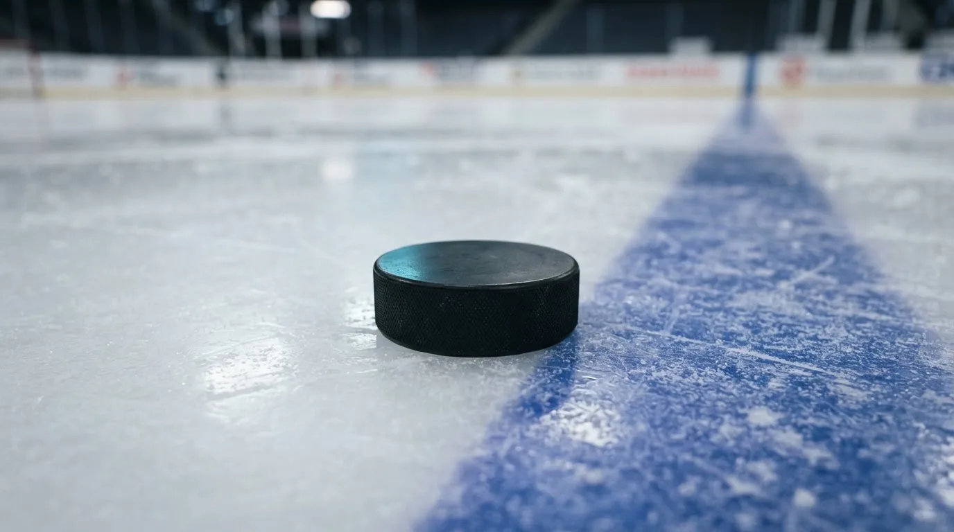 Ein schwarzer Puck liegt auf frisch aufbereitetem Eis neben der blauen Linie, Lichtreflexe auf der Fläche.