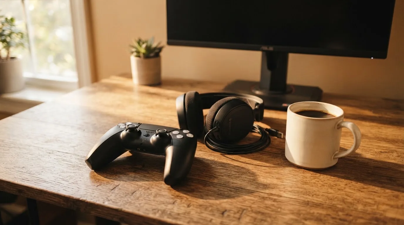 Ein Gamepad und ein Headset liegen auf einem Schreibtisch neben einer Tasse, der Bildschirm im Hintergrund ist ausgeschaltet.