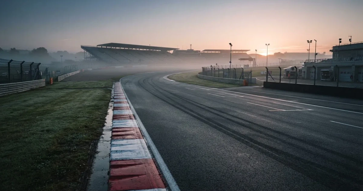 Eine leere Rennstrecke im Morgennebel, Asphalt mit rot-weißen Randsteinen, im Hintergrund Tribünen in der Ferne.