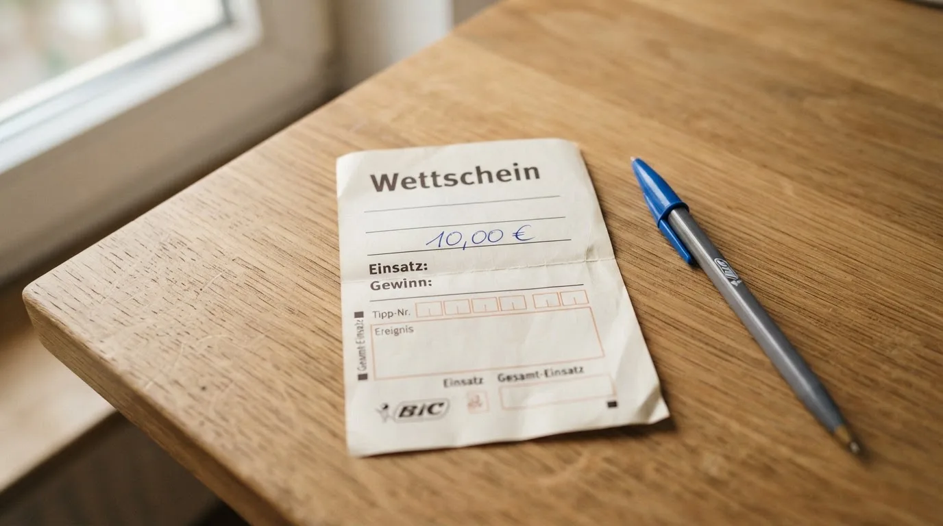 Ein leerer Papierwettschein und ein Kugelschreiber liegen auf einem aufgeräumten Schreibtisch, weiches Licht von einem Fenster.